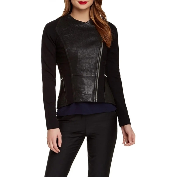 Ted Baker Melaa Leather Panel Moto Biker Jacket, Ted Size 2 - Picture 2 of 10